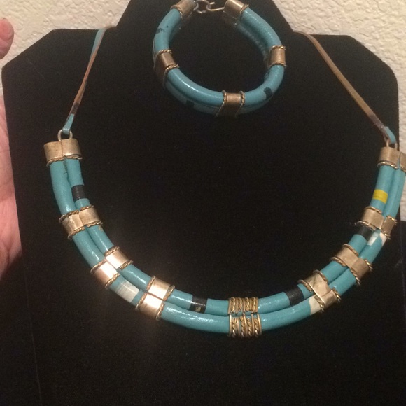 Not Applicable Jewelry - Faux Leather Aqua and Navy Blue Adjustable Necklace & bracelet